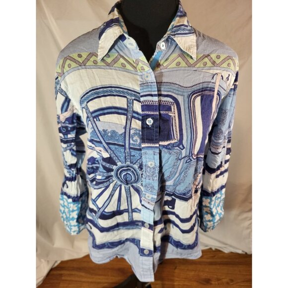 Tizzie 100% Cotton Blue & White Carriage Size M Button Down - Picture 1 of 6
